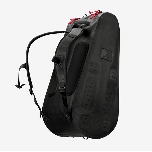 A black, teardrop-shaped tennis bag with adjustable straps and red accents, the Cancha Racquet Bag Pro is designed for lightweight performance.